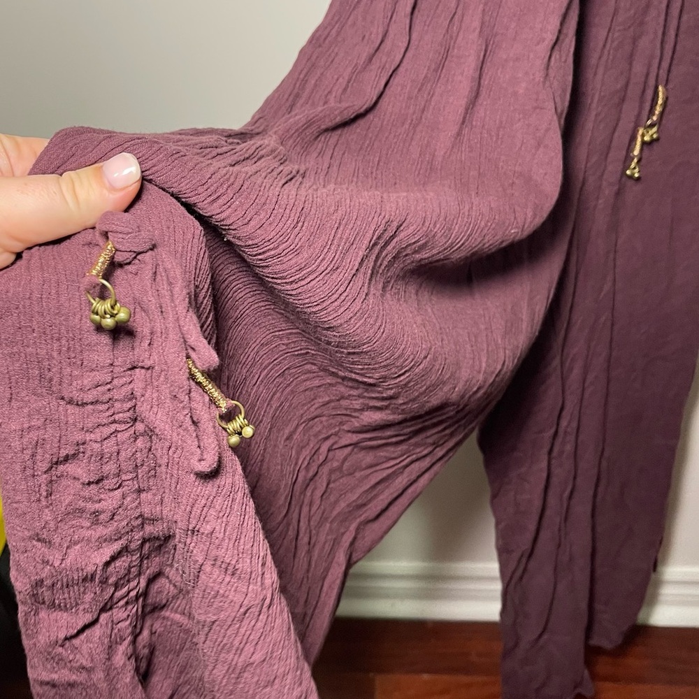 Free People Deep Purple “Whatever you want” boho tassle wide leg jumpsuit in S - Picture 6 of 10